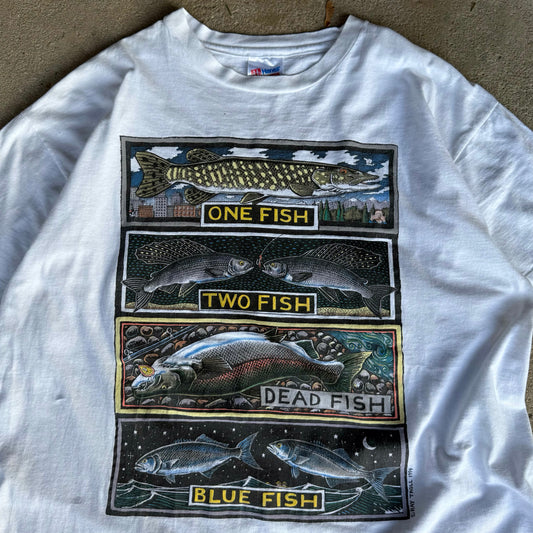 90’s Ray Troll “One Fish Two Fish Dead Fish Blue Fish” Dr. Seuss Parody Shirt Size XL