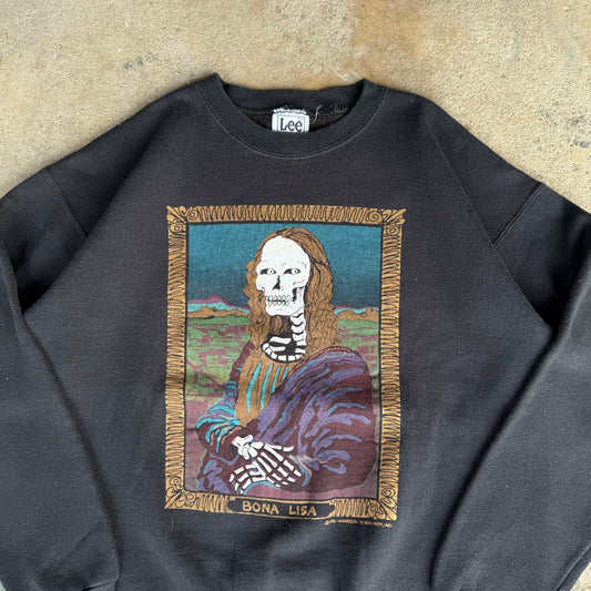 90’s Mona Lisa “Bona Lisa” Skeleton Parody Art Crewneck Sweatshirt Size L