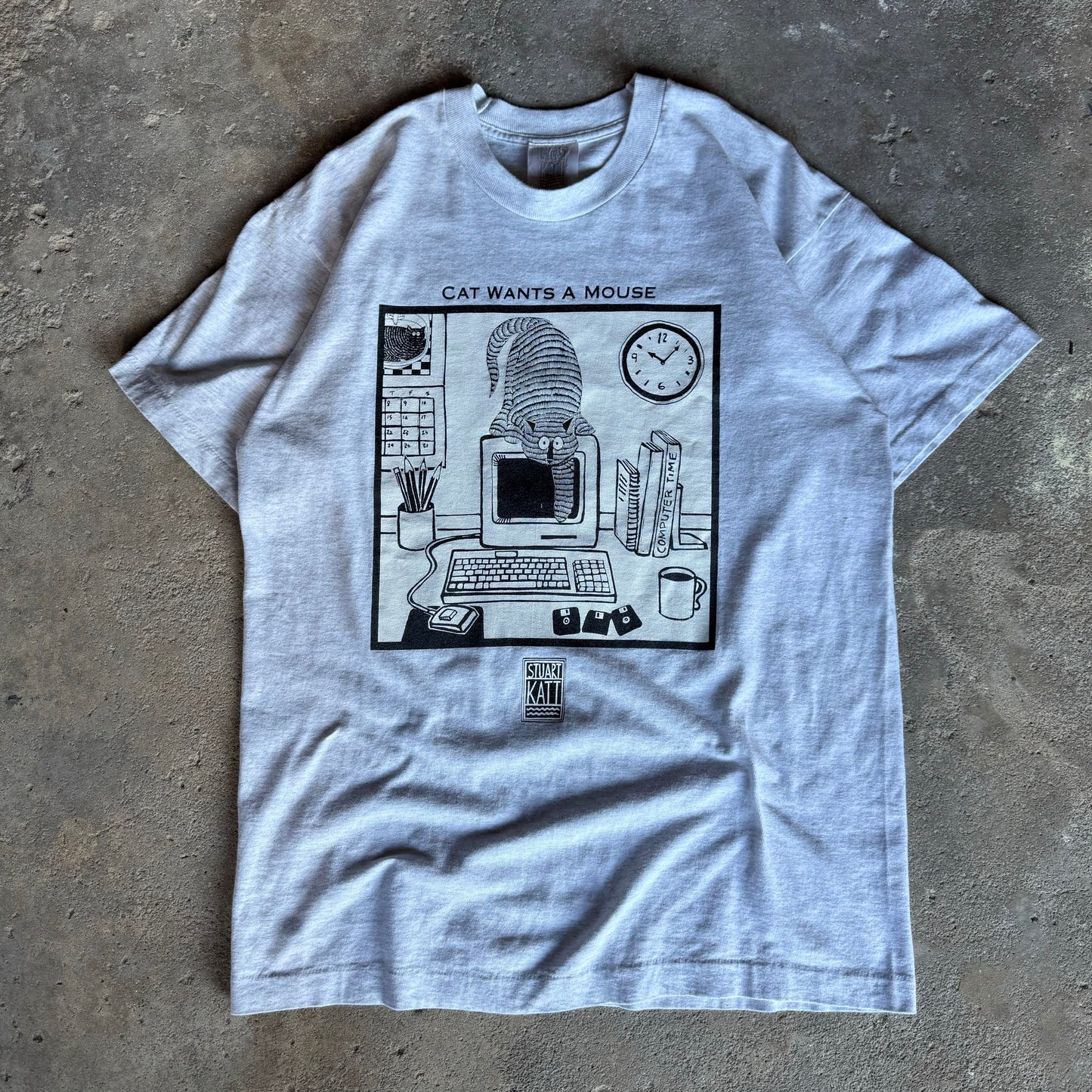 90’s Stuart Katt “Cat wants a mouse” Cat Art Tech Shirt Size L