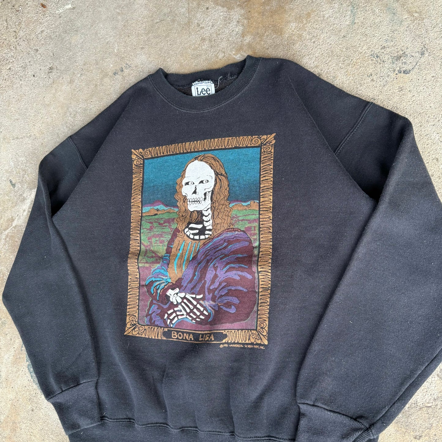90’s Mona Lisa “Bona Lisa” Skeleton Parody Art Crewneck Sweatshirt Size L