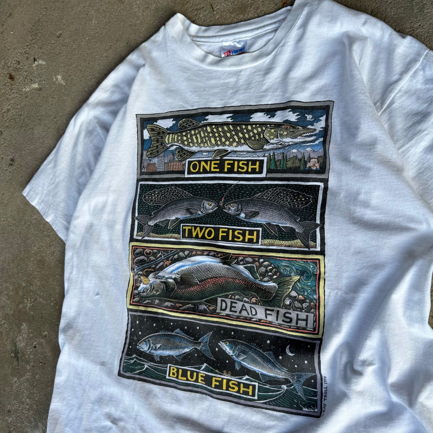 90’s Ray Troll “One Fish Two Fish Dead Fish Blue Fish” Dr. Seuss Parody Shirt Size XL