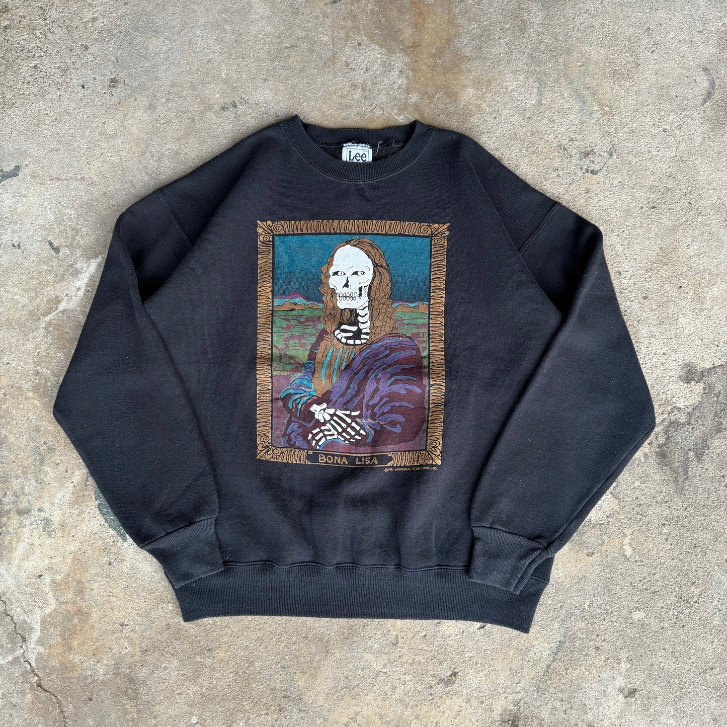 90’s Mona Lisa “Bona Lisa” Skeleton Parody Art Crewneck Sweatshirt Size L